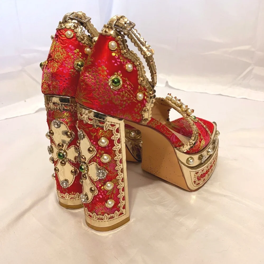 Azalea Wang Red and gold Brocade Platform Heels with Embellished Beads & Crystal
